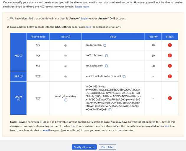 A second screenshot of the DNS configuration page of Zoho.