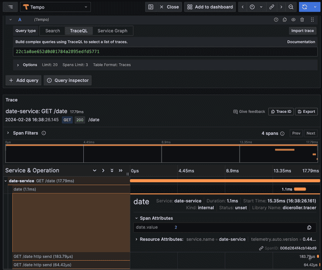 A screenshot of Date Service trace in Grafana.