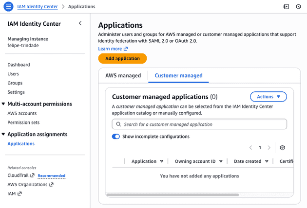 Creating an application in AWS Identity Center