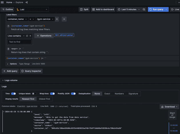 A screenshot of logs in Grafana.